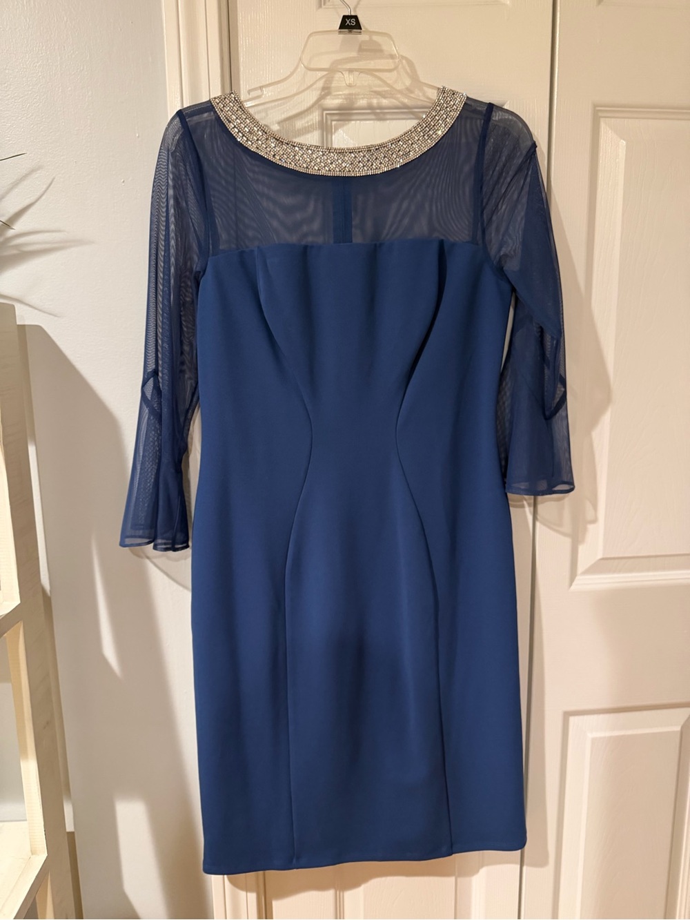 Alex Evening Periwinkle Blue Elegamt Sheath Dress with Embellished Neckline
